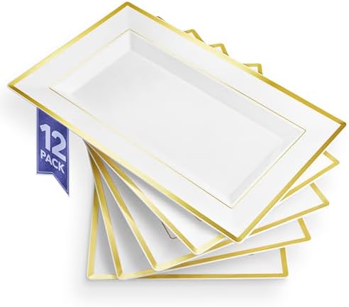 (12 Pcs) Premium White and Gold Plastic Serving Tray, Plastic Serving Platter Disposable, White Rectangle Party
