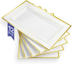 (12 Pcs) Premium White and Gold Plastic Serving Tray, Plastic Serving Platter Disposable, White Rectangle Party
