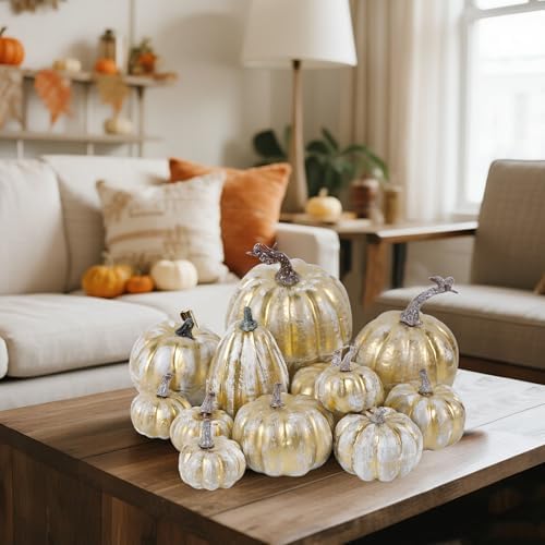 12 Pcs Pumpkin Fall Decorations, Golden Artificial Pumpkins, alternate view 2