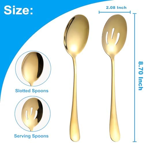 12 PCS Serving Spoons Set, 8.7 Inch Serving Spoon, Slotted Spoons, Gold in Gold, alternate view 3