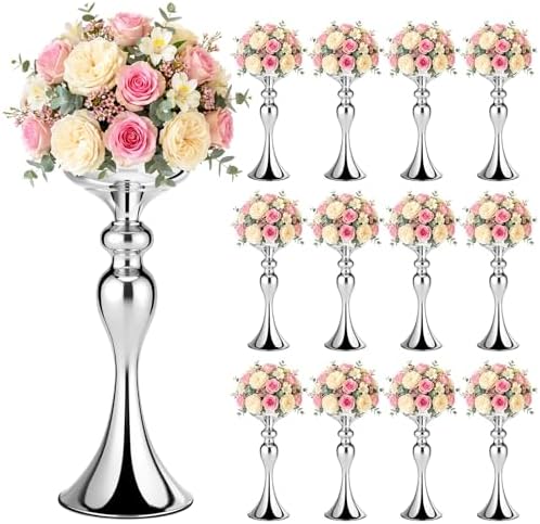 12 Pcs Sliver Metal Flower Arrangements Stand Tall Wedding Centerpiece Stand Table Decor Flower Vase for Wedding