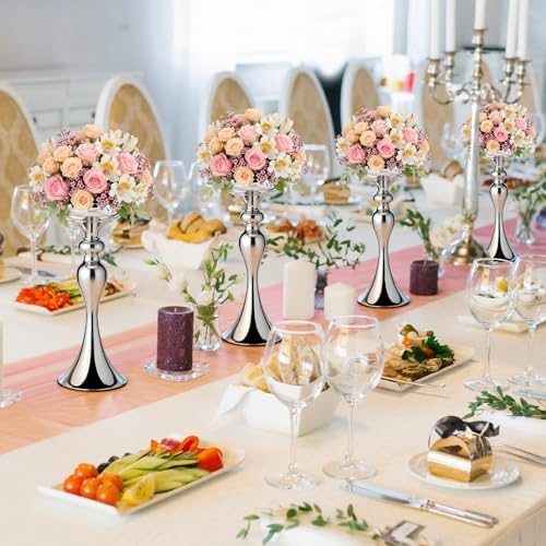 12 Pcs Sliver Metal Flower Arrangements Stand Tall Wedding Centerpiece Stand Table Decor Flower Vase for Wedding, alternate