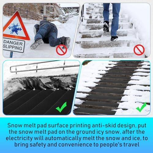 12 Pcs Snow Melting Walkway Mat, 10" x 30" Non Slip Rubber Heated Mat with Power Cord, 2 in/h Speed Snow and Ice, alternate
