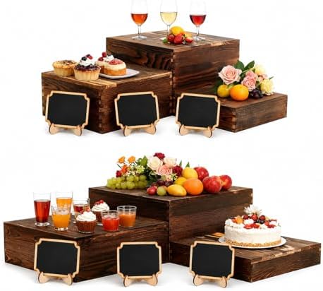 12 Pcs Wood Display Risers with Mini Signs 6 Wooden Buffet Risers Stackable Rustic Wood Cake Stand Food Risers