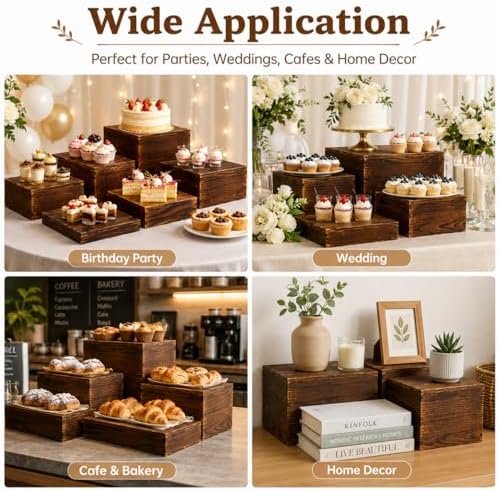 12 Pcs Wood Display Risers with Mini Signs 6 Wooden Buffet Risers Stackable Rustic Wood Cake Stand Food Risers, alternate