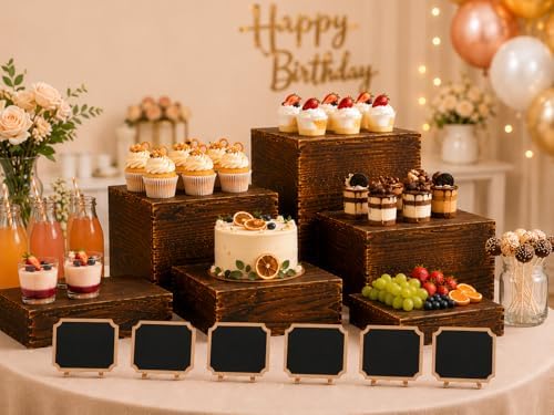 12 Pcs Wood Display Risers with Mini Signs 6 Wooden Buffet Risers Stackable Rustic Wood Cake Stand Food Risers, alternate