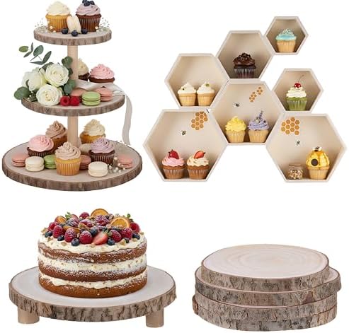 12 Pcs Wooden Rustic Cake Stand Set, 7 Pcs Honeycomb Cupcake Stand 3-Tier and Single-Tier Cupcake Tower 4 Wood