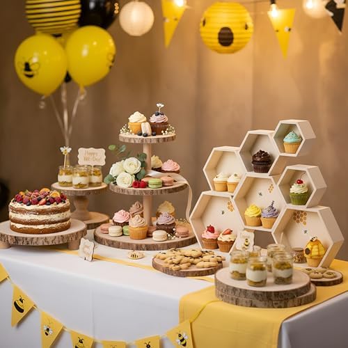 12 Pcs Wooden Rustic Cake Stand Set, 7 Pcs Honeycomb Cupcake Stand 3-Tier and Single-Tier Cupcake Tower 4 Wood, alternate