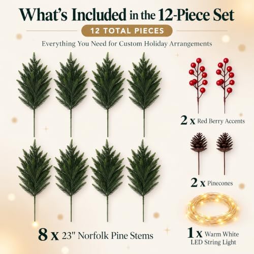 12-Piece 23" Norfolk Pine Stems, Artificial Pine Branches with LED Lights, alternate view 4
