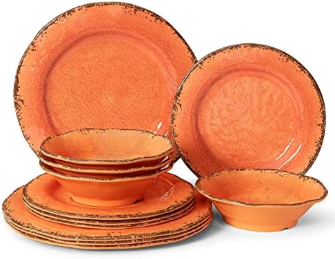 12 Piece Crackle Lightweight Melamine Dinnerware Sets-Service for 4 in Orange