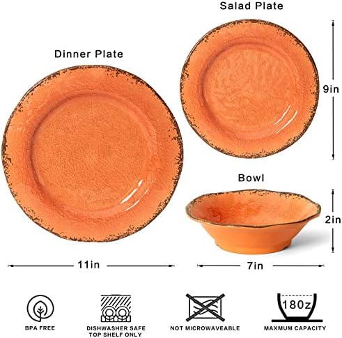 12 Piece Crackle Lightweight Melamine Dinnerware Sets-Service for 4 in Orange, alternate view 3