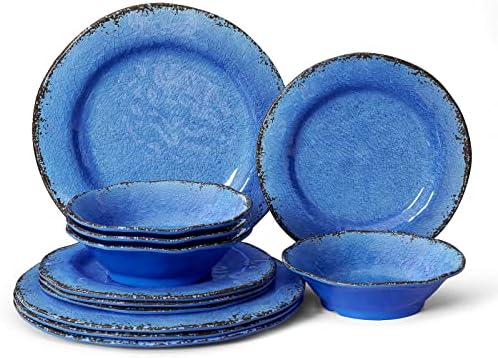 12 Piece Melamine Dinnerware Set Farmhouse Outdoor Dishes Set for 4 in Blue
