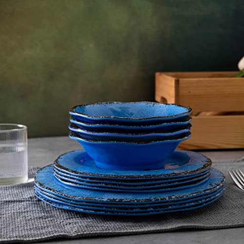 12 Piece Melamine Dinnerware Set Farmhouse Outdoor Dishes Set for 4 in Blue, alternate view 5