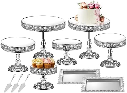 12-Piece Silver Cake Stand Set, Vintage Cake Stand with Crystal Edge and Cupcake Display Tray, Dessert Table