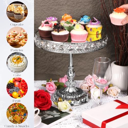 12-Piece Silver Cake Stand Set, Vintage Cake Stand with Crystal Edge and Cupcake Display Tray, Dessert Table, alternate view