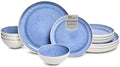 12-Piece Stoneware Dinnerware Set for 4, Light Blue Reactive Glaze on White Plates and Bowls Sets, Kitchen