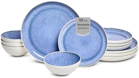 12-Piece Stoneware Dinnerware Set for 4, Light Blue Reactive Glaze on White Plates and Bowls Sets, Kitchen