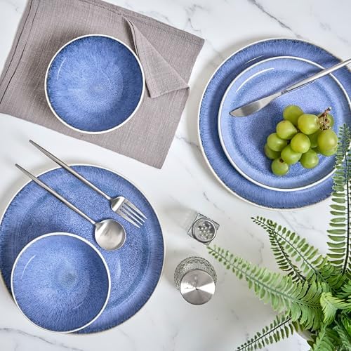 12-Piece Stoneware Dinnerware Set for 4, Light Blue Reactive Glaze on White Plates and Bowls Sets, Kitchen, alternate view 2