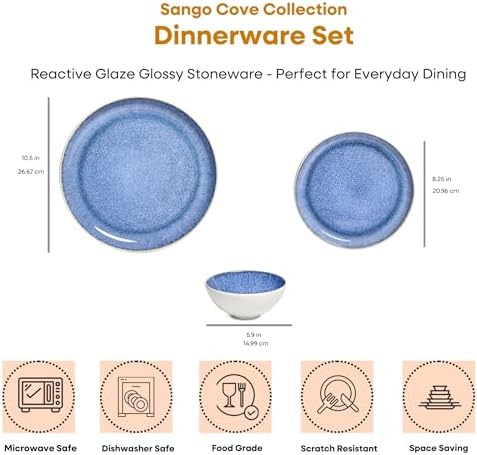 12-Piece Stoneware Dinnerware Set for 4, Light Blue Reactive Glaze on White Plates and Bowls Sets, Kitchen, alternate view 3