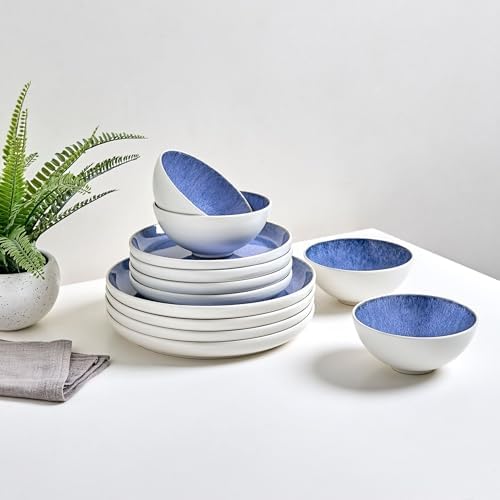 12-Piece Stoneware Dinnerware Set for 4, Light Blue Reactive Glaze on White Plates and Bowls Sets, Kitchen, alternate view 4