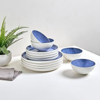 12-Piece Stoneware Dinnerware Set for 4, Light Blue Reactive Glaze on White Plates and Bowls Sets, Kitchen, alternate view 4