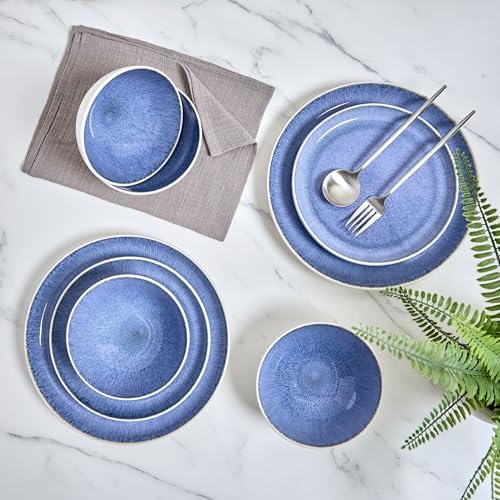 12-Piece Stoneware Dinnerware Set for 4, Light Blue Reactive Glaze on White Plates and Bowls Sets, Kitchen, alternate view 5
