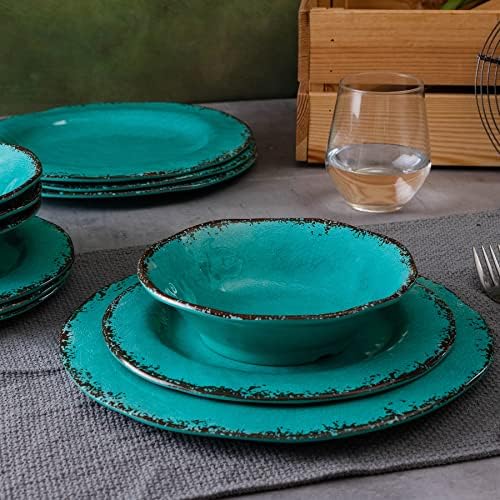 12 Piece Vintage Melamine Dinnerware Sets, Farmhouse Plates and Bowl in Teal, alternate view 2