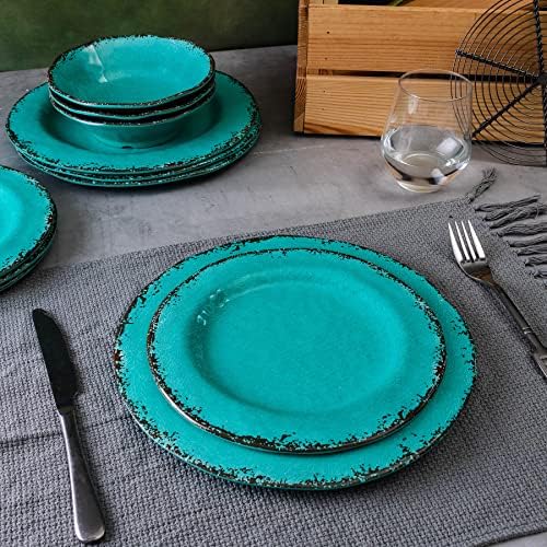 12 Piece Vintage Melamine Dinnerware Sets, Farmhouse Plates and Bowl in Teal, alternate view 4