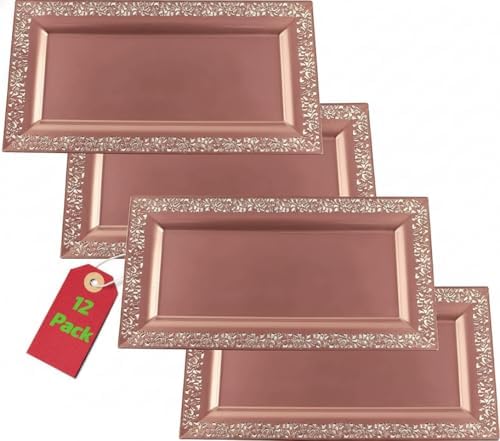 (12 pk) 14" x 7.5" Rose Gold Lace Rim Plastic Serving Trays & Platters | Heavy Duty Disposable Decorative