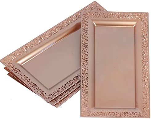 (12 pk) 14" x 7.5" Rose Gold Lace Rim Plastic Serving Trays & Platters | Heavy Duty Disposable Decorative, alternate view 2