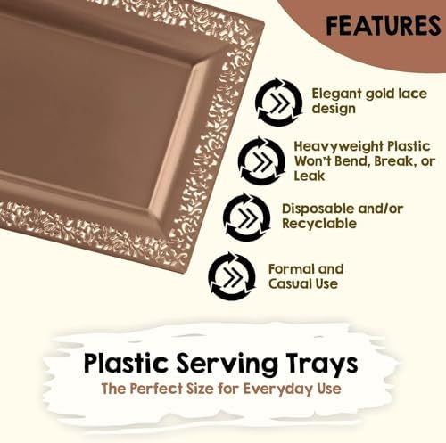 (12 pk) 14" x 7.5" Rose Gold Lace Rim Plastic Serving Trays & Platters | Heavy Duty Disposable Decorative, alternate view 3