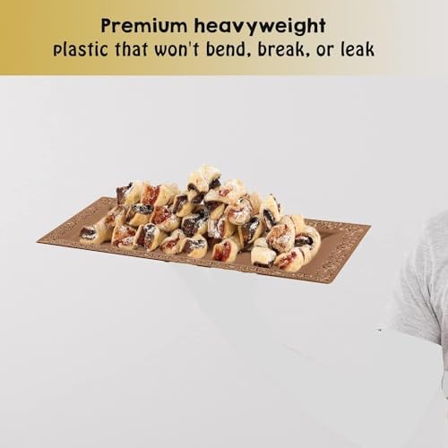 (12 pk) 14" x 7.5" Rose Gold Lace Rim Plastic Serving Trays & Platters | Heavy Duty Disposable Decorative, alternate view 4