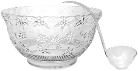 12-Quart (3-Gallon) Clear Plastic Punch Bowl with Ladle - Hard Plastic Embossed Floral Design - Large Punch Bowl