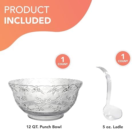 12-Quart (3-Gallon) Clear Plastic Punch Bowl with Ladle - Hard Plastic Embossed Floral Design - Large Punch Bowl, alternate