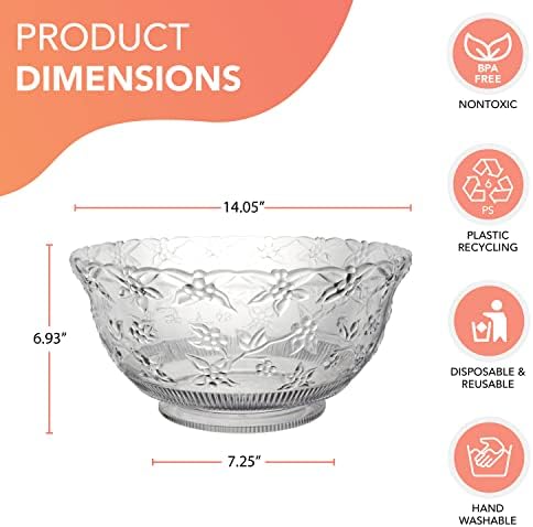 12-Quart (3-Gallon) Clear Plastic Punch Bowl with Ladle - Hard Plastic Embossed Floral Design - Large Punch Bowl, alternate