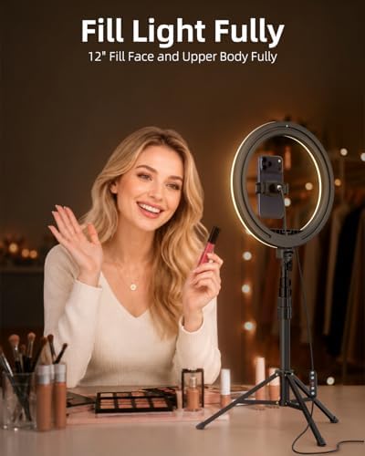 12" Ring Light with 63" extendable Tripod Stand, Selfie RingLight with Phone Holder and Selfie Remote, 2-in-1, alternate view