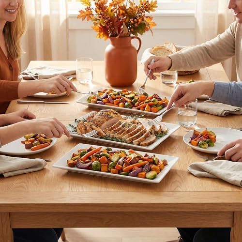 12" Serving Platters Set of 4, White Rectangular Plates, Ceramic Serving Tray, Stackable Large Party Plates for, alternate