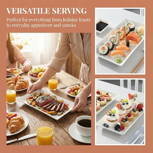 12" Serving Platters Set of 4, White Rectangular Plates, Ceramic Serving Tray, Stackable Large Party Plates for, alternate
