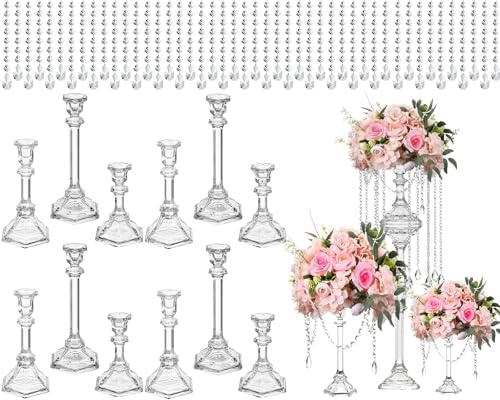 12 Set Glass Flower Stands with 12 Crystal Strings 72 Beads in Clear