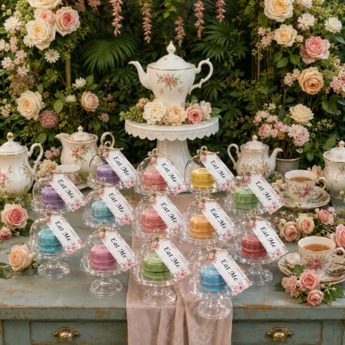 12 Set Plastic Mini Cake Stand with Dome Lid Clear Dessert Tray in Clear, White, alternate view 2