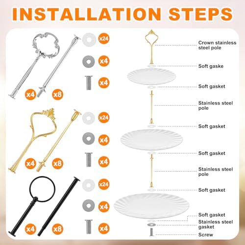 12 Sets 3 Tiered Tray Hardware Kit, Cute, Black, Silver, Gold in Black, Silver, Gold, alternate view 6