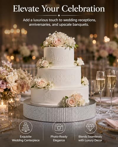12" Silver Round Metal Pedestal Cake Stand with Rhinestones, Cupcake Stand for Birthday & Baby Shower in Silver, alternate