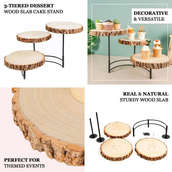 12" Tall | 3-Tier Wood Slice Cheese Board, Cupcake Stand, Half Moon Rustic Centerpiece, alternate view 4