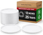 12" White Catering Trays with Clear Dome Lids, 25 Sets Heavy Duty Disposable Serving Platters, 12 Inch Round