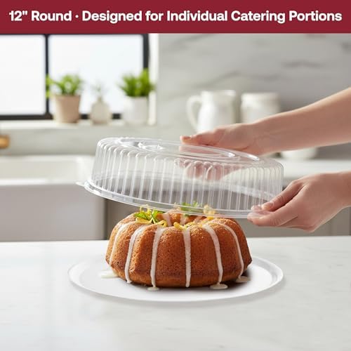 12" White Catering Trays with Clear Dome Lids, 25 Sets Heavy Duty Disposable Serving Platters, 12 Inch Round, alternate view