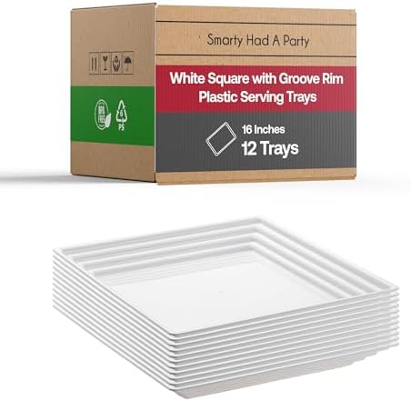12 White Square with Groove Rim Plastic Serving Trays 16" x 16" Plastic Tray Food Catering Supplies in 16" in