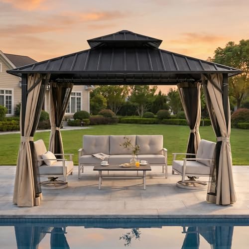 12' x 12' Hardtop Gazebo, Aluminum Frame Patio Hardtop Gazebos with Netting and Curtain, Outdoor Patio Pergola