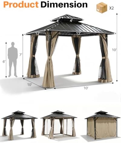 12' x 12' Hardtop Gazebo, Aluminum Frame Patio Hardtop Gazebos with Netting and Curtain, Outdoor Patio Pergola, alternate
