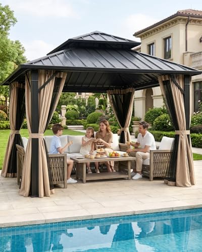 12' x 12' Hardtop Gazebo, Aluminum Frame Patio Hardtop Gazebos with Netting and Curtain, Outdoor Patio Pergola, alternate