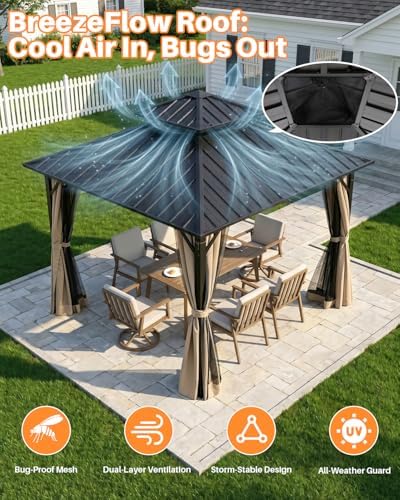 12' x 12' Hardtop Gazebo, Aluminum Frame Patio Hardtop Gazebos with Netting and Curtain, Outdoor Patio Pergola, alternate
